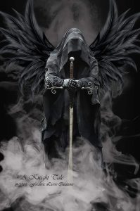 Cloaked figure in black, with wings and sword