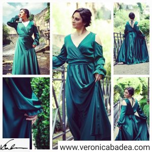 a collage of photos showing Veronica in a long green dress, in various poses and settings 